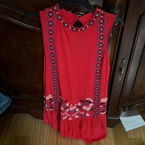 Red embroidered sleeveless, lace, ruffled, floral, peekaboo back dress
